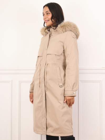 Parka mi-longue beige avec intérieur fausse fourrure
