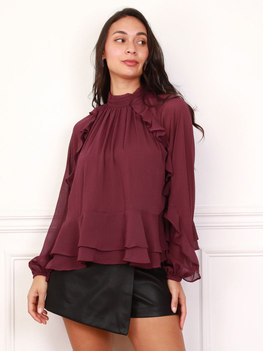 Blouse ample à volants bordeaux