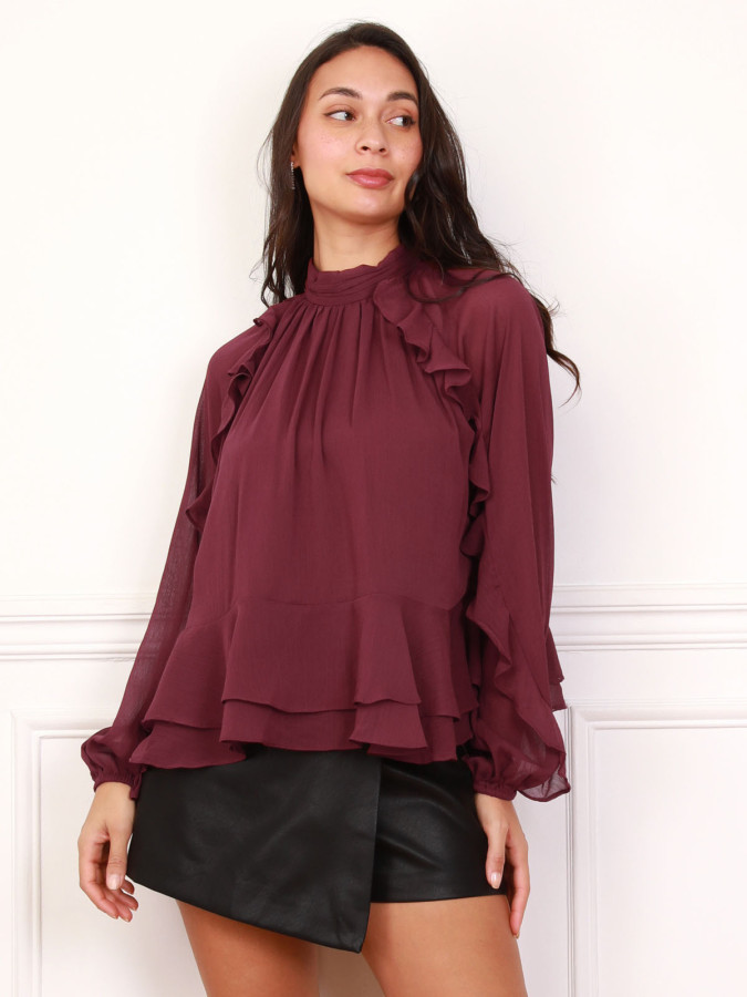 Blouse ample à volants bordeaux