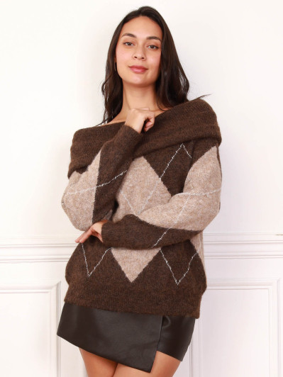 Pull bardot marron à losanges