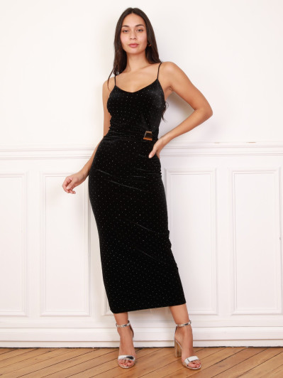 Robe longue noire à strass en velours