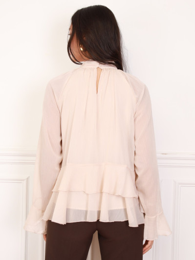 Blouse ample à volants beige et manches évasées