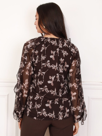 Chemisier fluide à volants marron et imprimé floral