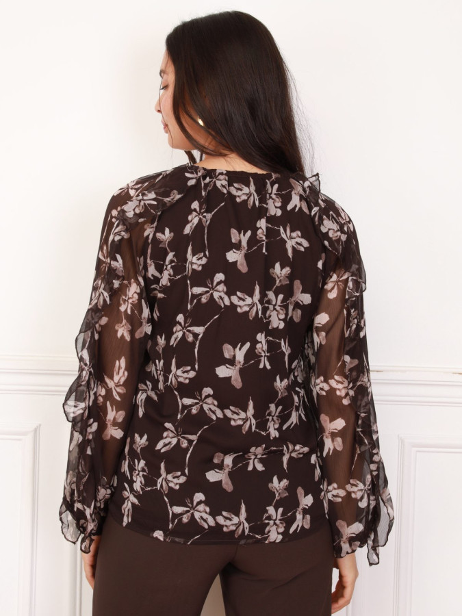 Chemisier fluide à volants marron et imprimé floral