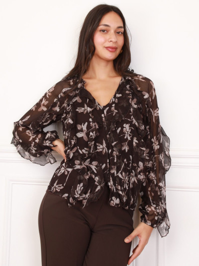 Chemisier fluide à volants marron et imprimé floral