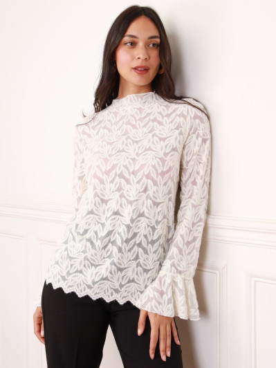 Top beige en dentelle à motifs fleurs