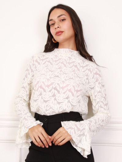 Top beige en dentelle à motifs fleurs