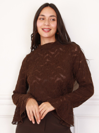 Top marron en dentelle à motifs fleurs