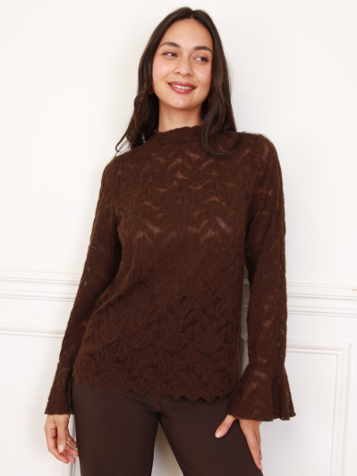 Top marron en dentelle à motifs fleurs