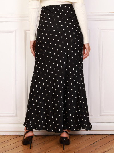 Jupe noire satinée à motifs pois