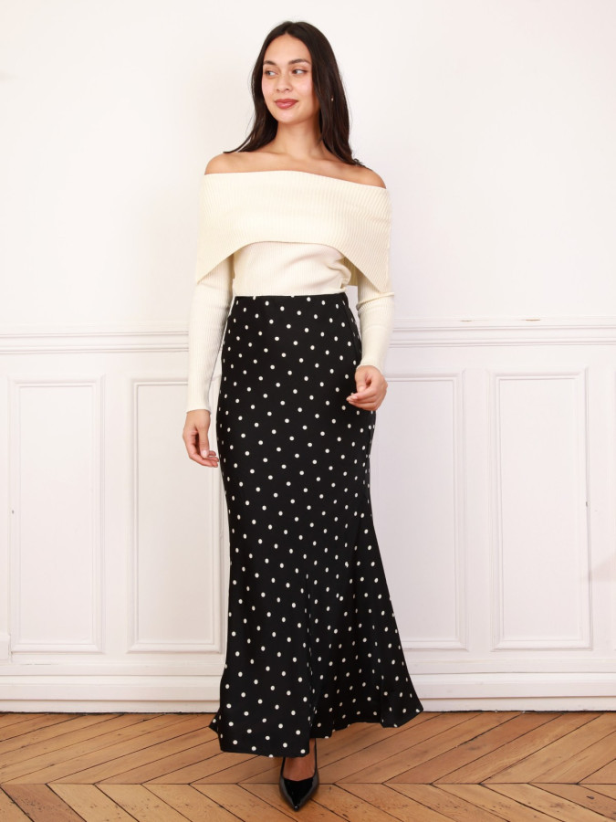 Jupe noire satinée à motifs pois