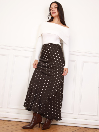 Jupe marron satinée à motifs pois