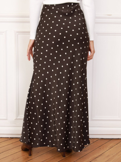 Jupe marron satinée à motifs pois