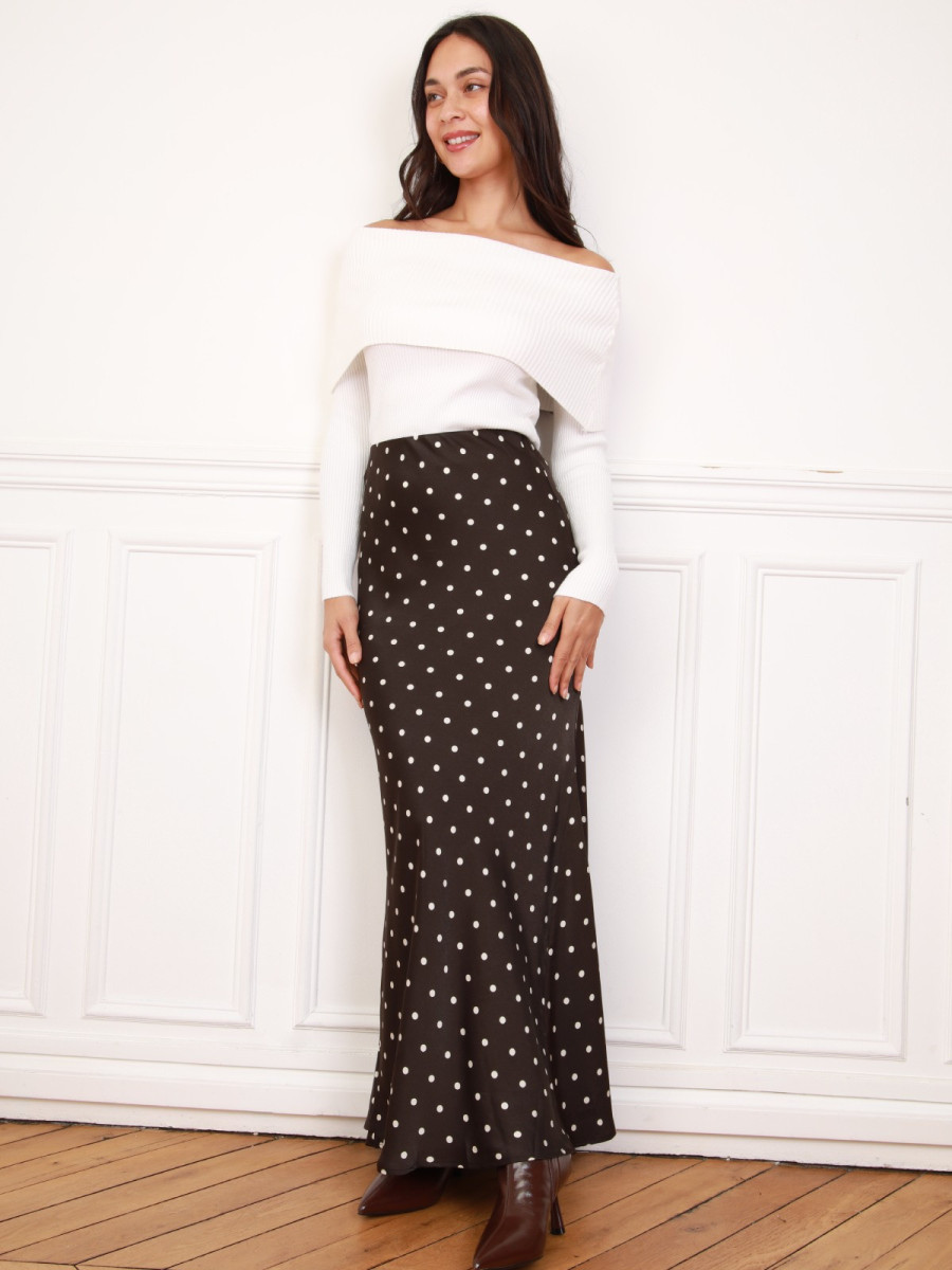 Jupe marron satinée à motifs pois