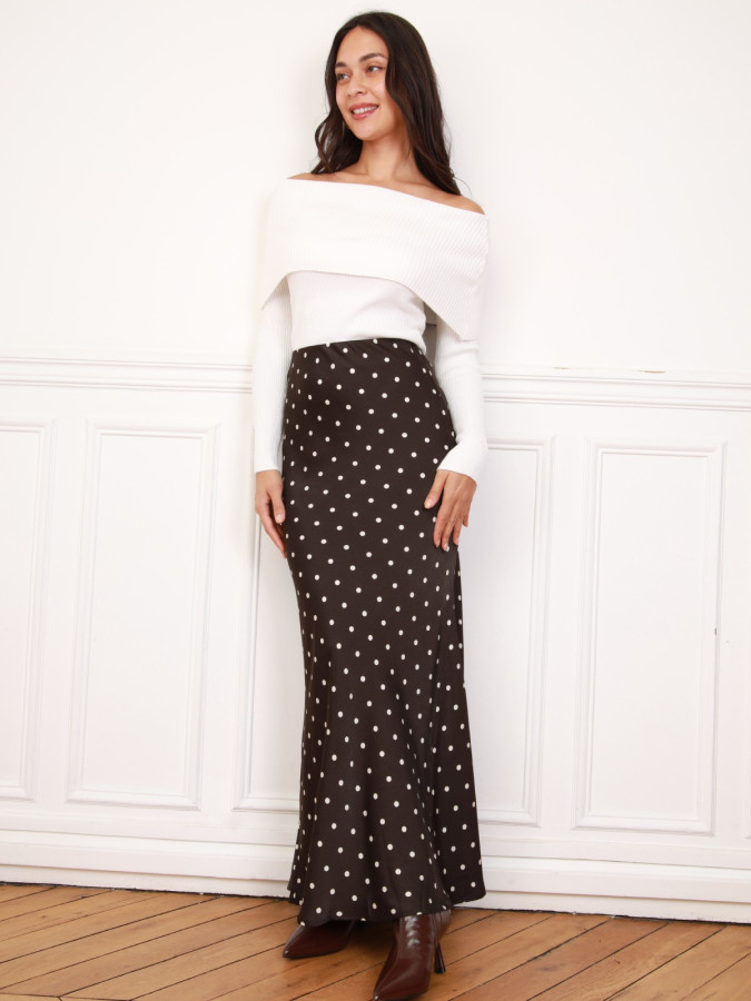 Jupe marron satinée à motifs pois