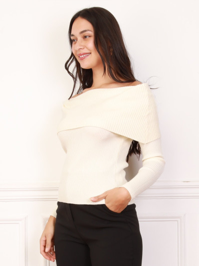 Top en maille côtelée à col bardot beige