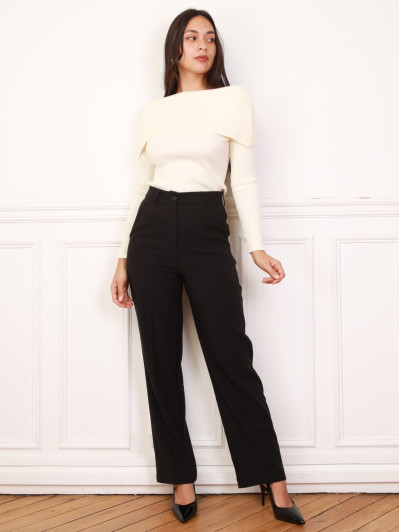 Top en maille côtelée à col bardot beige