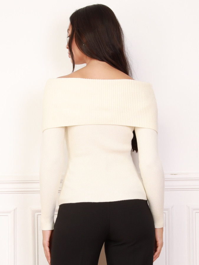 Top en maille côtelée à col bardot beige