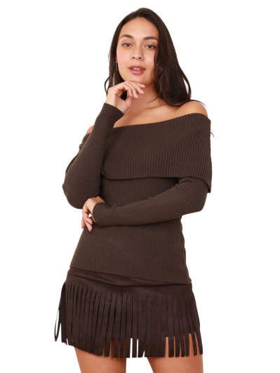 Top en maille côtelée à col bardot marron