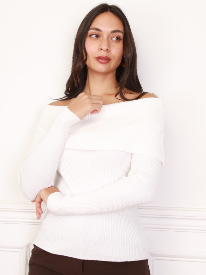Top en maille côtelée à col bardot blanc