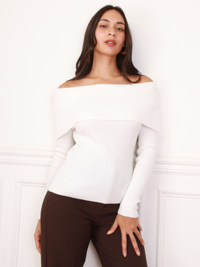 Top en maille côtelée à col bardot blanc