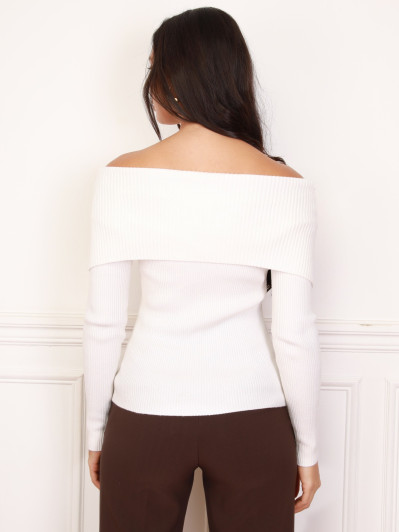 Top en maille côtelée à col bardot blanc