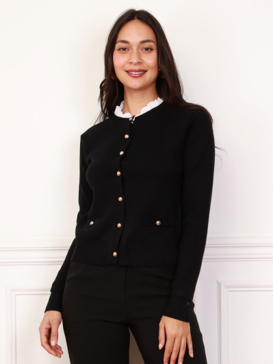 Cardigan boutonné noir à col broderie