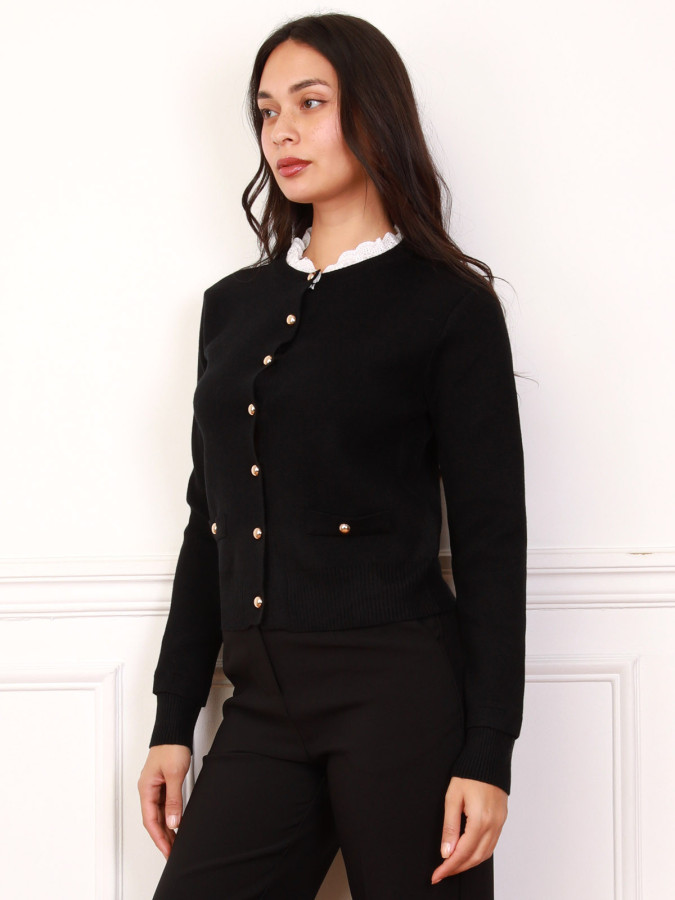 Cardigan boutonné noir à col broderie