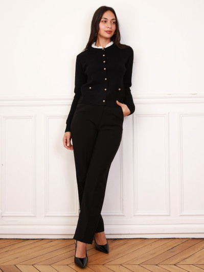 Cardigan boutonné noir à col broderie