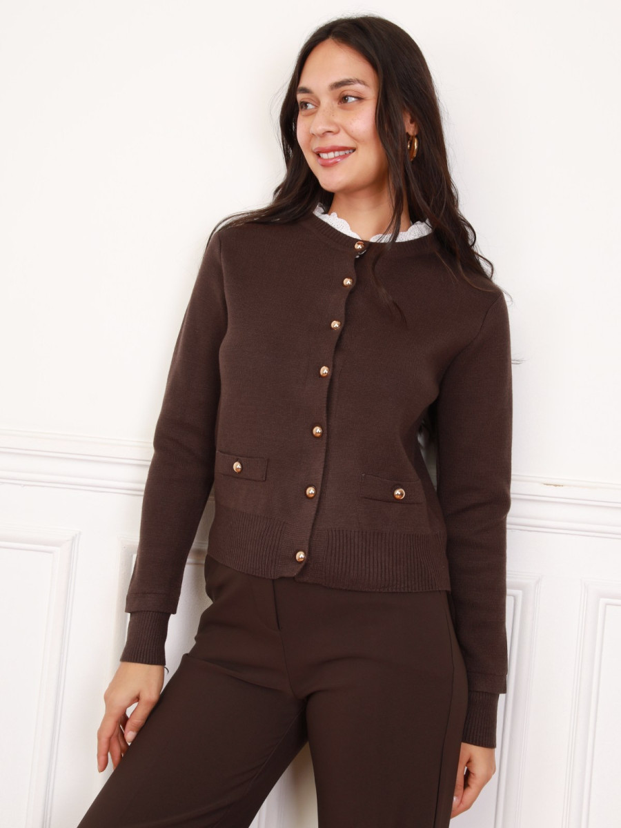 Cardigan boutonné marron à col broderie
