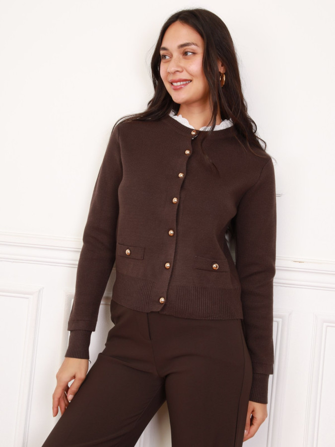 Cardigan boutonné marron à col broderie