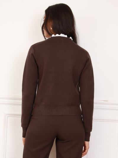 Cardigan boutonné marron à col broderie