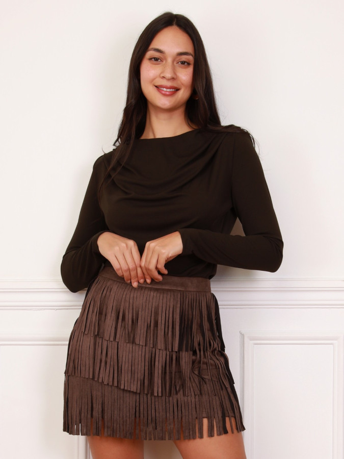 Jupe-short marron à franges