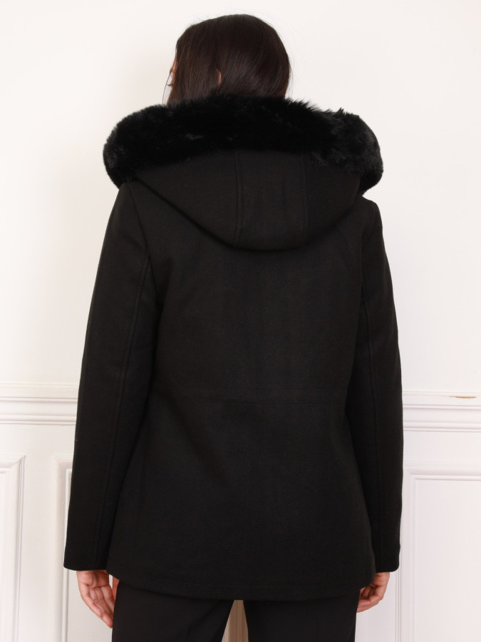 Manteau noir à capuche en fausse fourrure