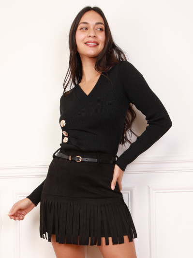 Jupe-short noire à franges et ceinture