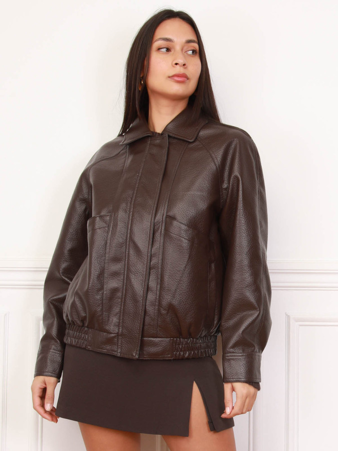 Blouson marron en simili à poches