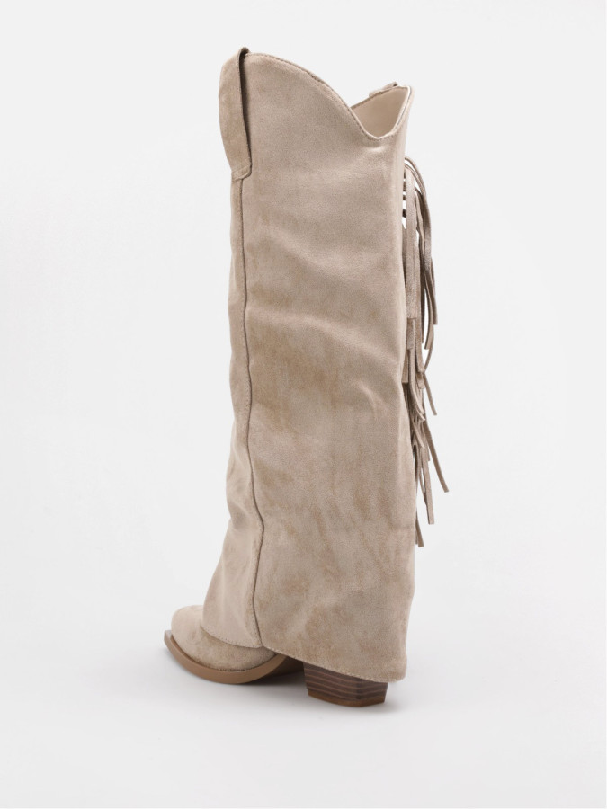 Bottes santiags à revers franges taupe