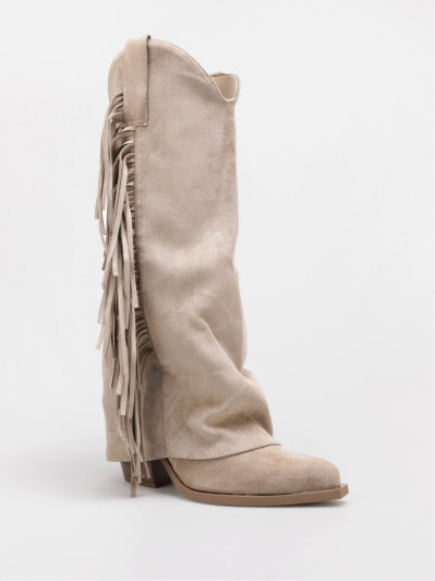Bottes santiags à revers franges taupe