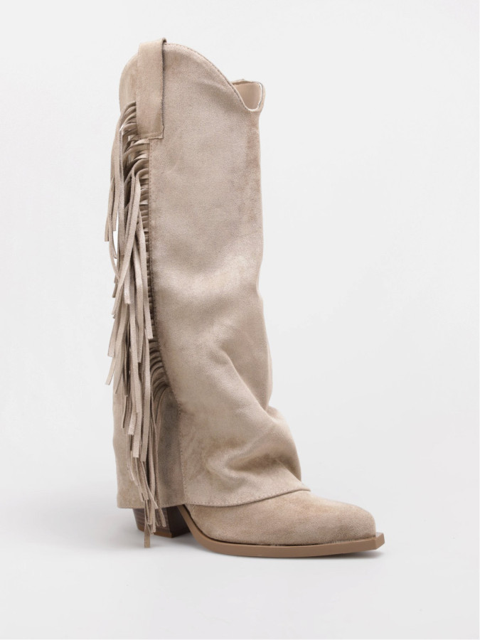 Bottes santiags à revers franges taupe