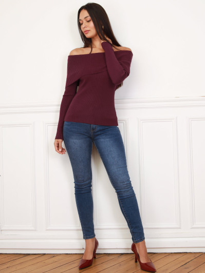 Top en maille côtelée à col bardot bordeaux