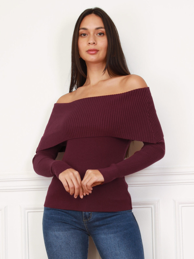 Top en maille côtelée à col bardot bordeaux
