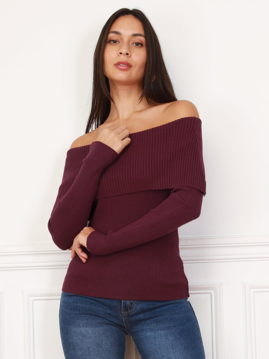 Top en maille côtelée à col bardot bordeaux