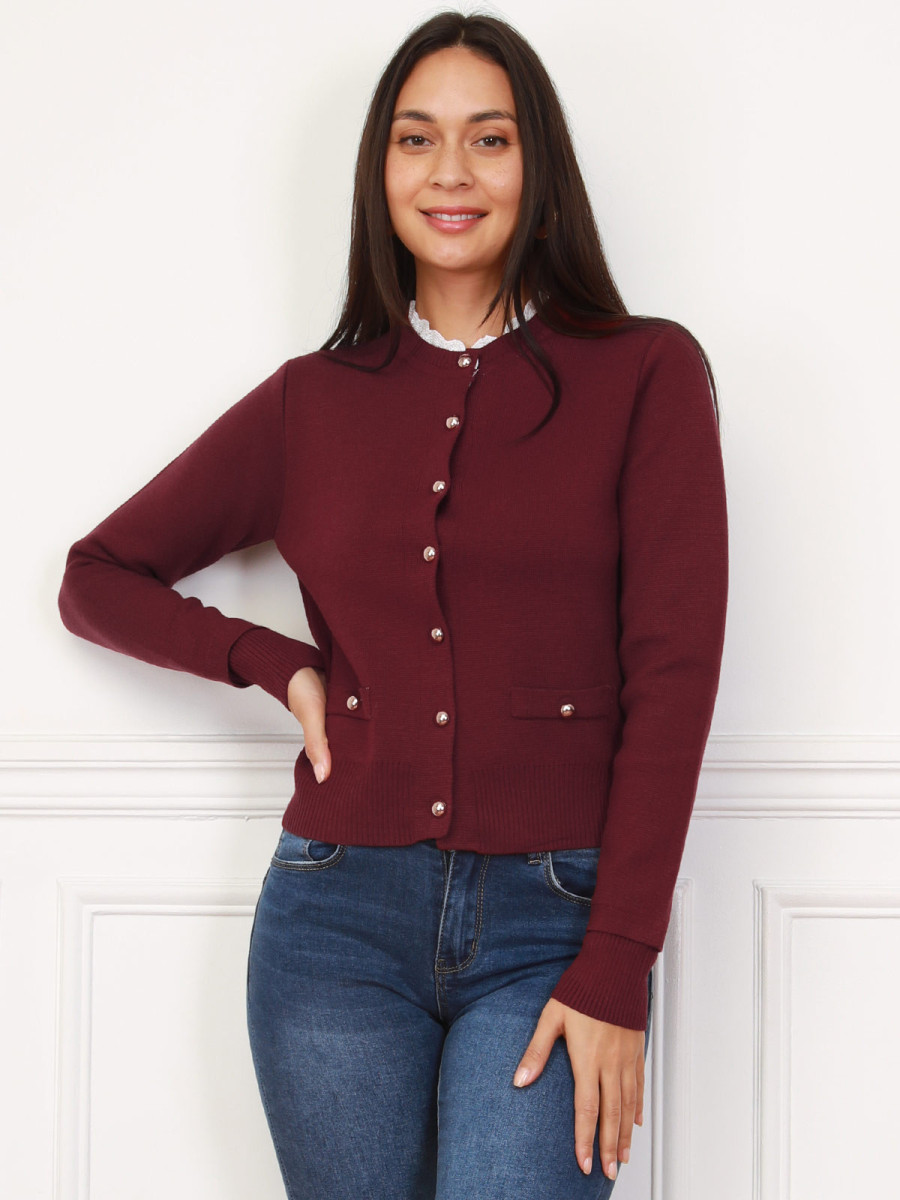 Cardigan boutonné bordeaux à col broderie