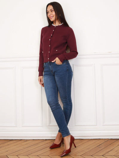 Cardigan boutonné bordeaux à col broderie
