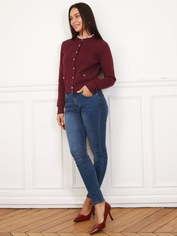 Cardigan boutonné bordeaux à col broderie