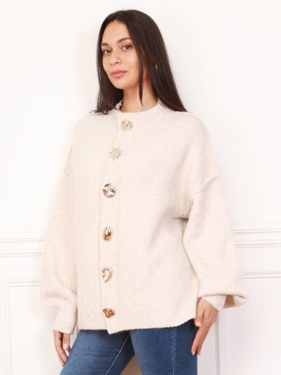 Cardigan oversize beige à boutons fantaisies