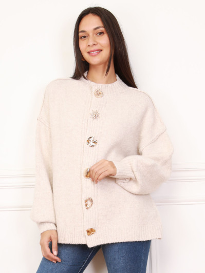 Cardigan oversize beige à boutons fantaisies