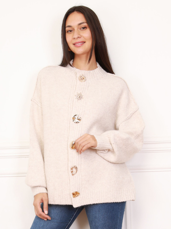 Cardigan oversize beige à boutons fantaisies