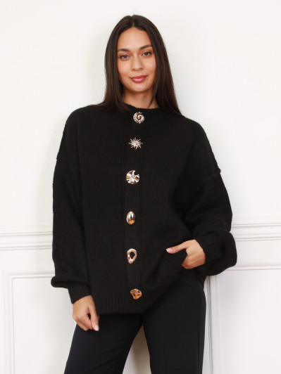Cardigan oversize noir à boutons fantaisies