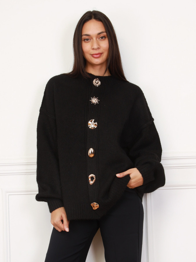 Cardigan oversize noir à boutons fantaisies